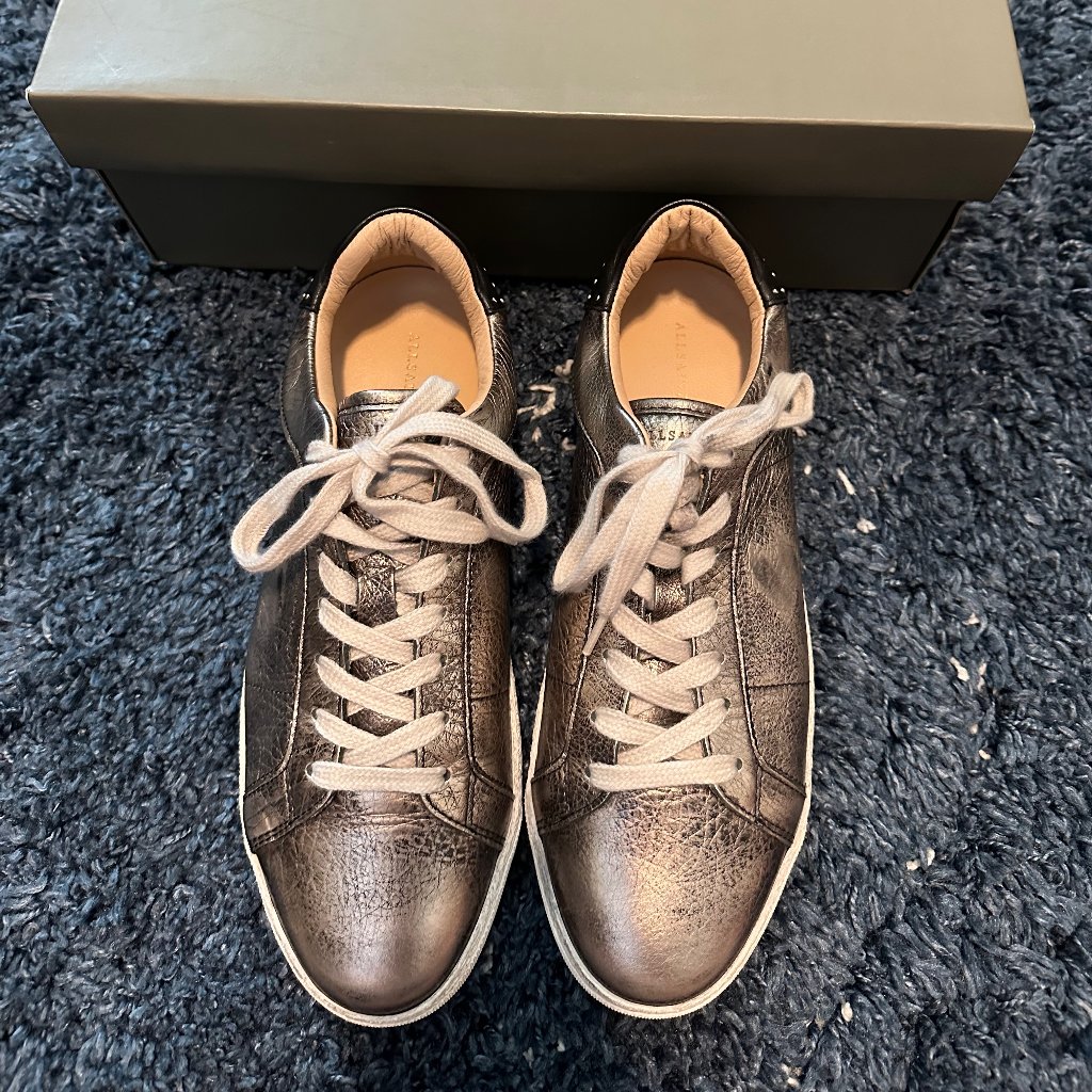 Allsaints Womens Metallic Leather Gun Metal Gold Sneakers